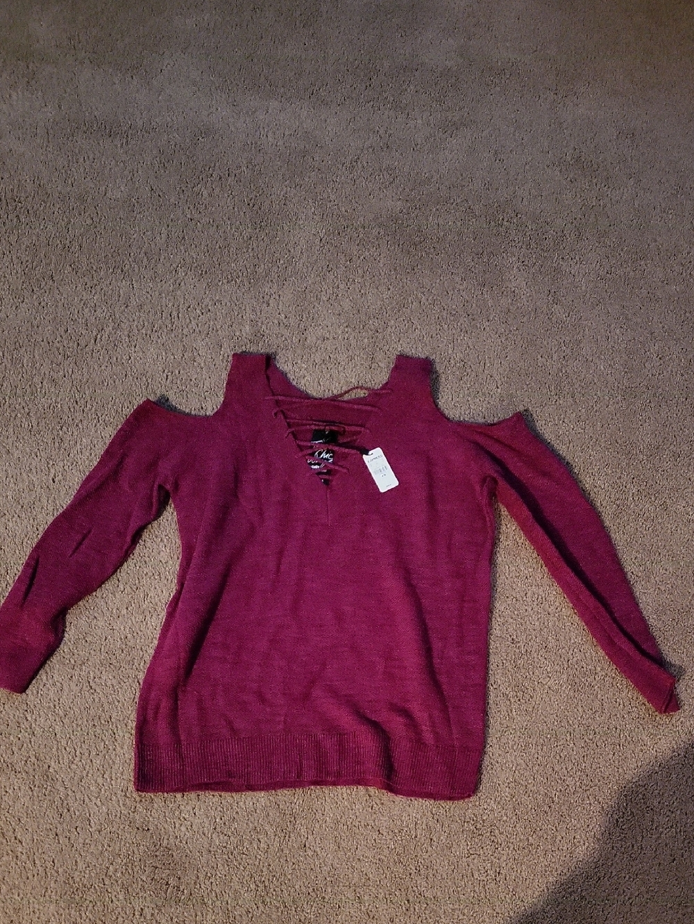 Express Burgundy Off-Shoulder Lace-Up Wear 2 Ways Sweater